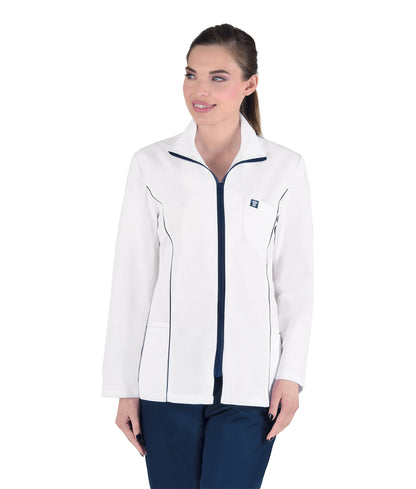 Γυναικεία Ζακέτα - Μπλούζα , μακρύ μανίκι , λευκό με Blue Navy λεπτομέρειες  , φερμουάρ , 3 τσέπες  της Medical Bodyguard code: 128/1