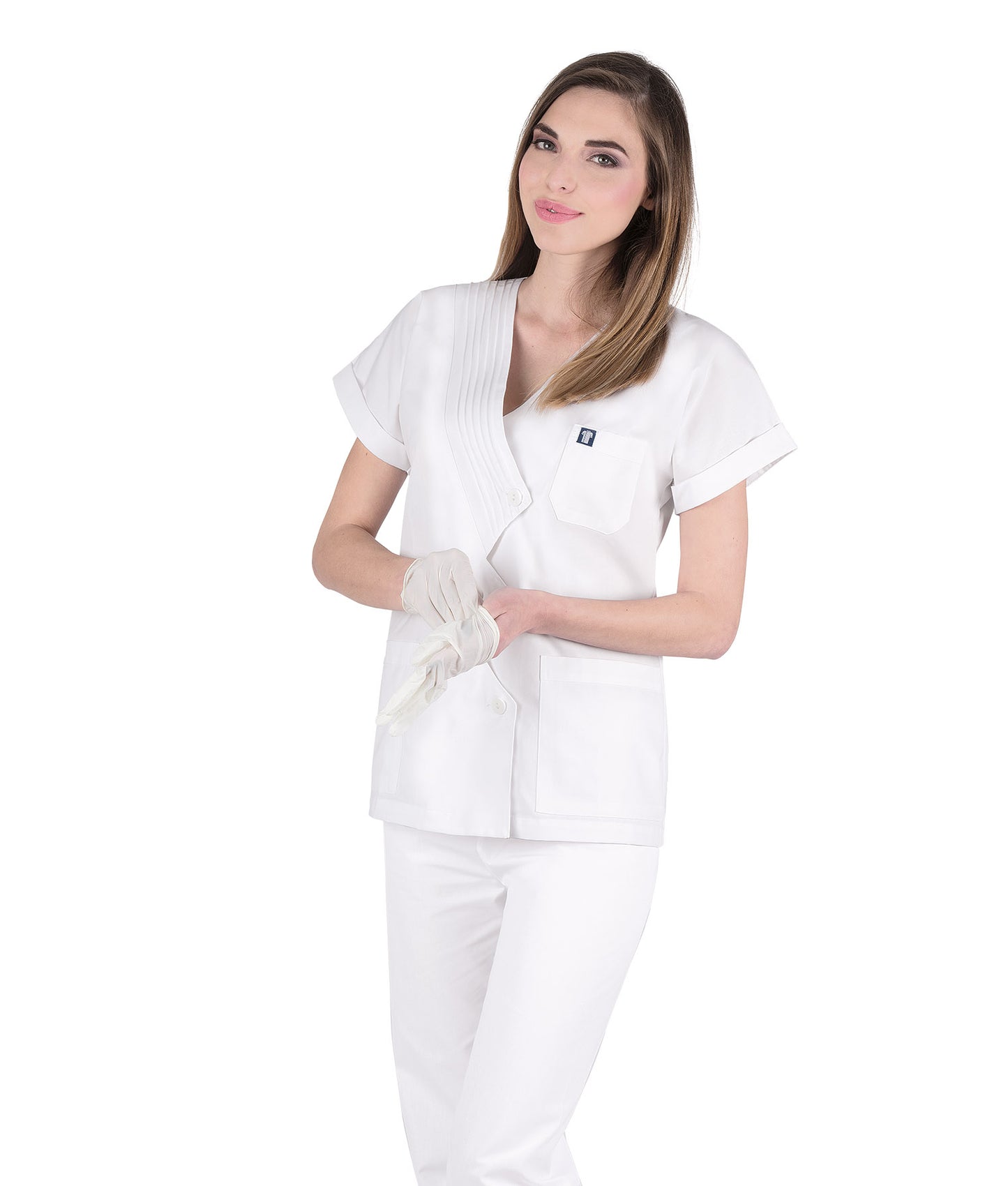 Γυναικεία Ζακέτα - μπλούζα ,κοντό μανίκι , κουμπιά , λευκό , με πλισέ λεπτομέρειες και 3 τσέπες  της Medical Bodyguard code: 202/1