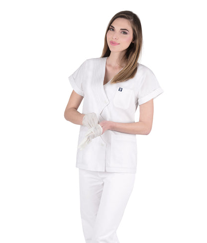 Γυναικεία Ζακέτα - μπλούζα ,κοντό μανίκι , κουμπιά , λευκό , με πλισέ λεπτομέρειες και 3 τσέπες  της Medical Bodyguard code: 202/1