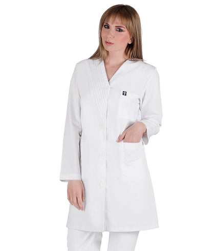 Γυναικεία Ιατρική Ρόμπα , μακρύ μανίκι , κουμπιά , λευκό , με πλισέ λεπτομέρειες και 3 τσέπες  της Medical Bodyguard code: 205/1