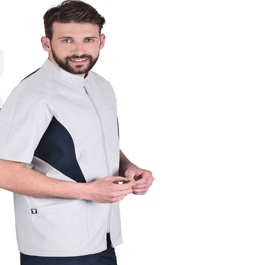 Unisex Ζακέτα - κοντό μανίκι , ανοιχτό γκρί με Blue Navy λεπτομέρειες  , φερμουάρ , 3 τσέπες  της Medical Bodyguard code:  269/5