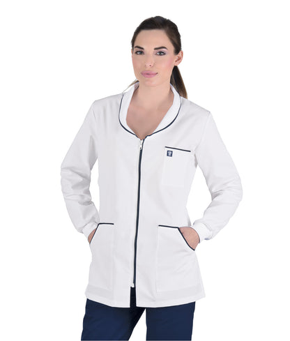 Γυναικεία Ζακέτα - Μπλούζα , μακρύ μανίκι , λευκό με Blue Navy λεπτομέρειες  , φερμουάρ , προστατευτικά λάστιχα - rip και 3 τσέπες  της Medical Bodyguard code: 310/1