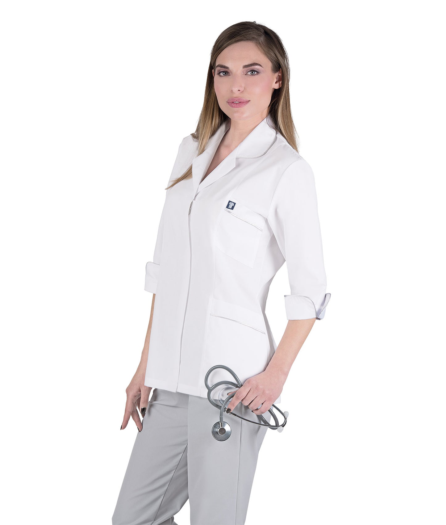 Γυναικεία Ζακέτα - Μπλούζα , τρουακάρ μανίκι , λευκό με γκρί λεπτομέρειες  , φερμουάρ και 3 τσέπες  της Medical Bodyguard code: 400/1