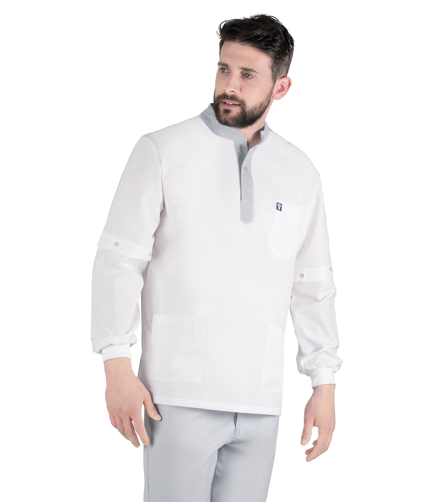 Unisex Μπλούζα Scrub λευκό με ανοιχτό γκρί λεπτομέρειες , τρούκς , αποσπόμενα μανίκια , προστατευτικά λάστιχα - rip , 3 τσέπες  της Medical Bodyguard  CODE: 407/5