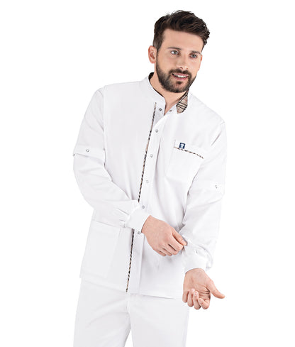 Unisex Ζακέτα - Μπλούζα  λευκό με καρό λεπτομέρειες , αποσπόμενα μανίκια , τρούκς , προστατευτικό λάστιχο - rip και 3 τσέπες  της Medical Bodyguard  CODE: 512/1