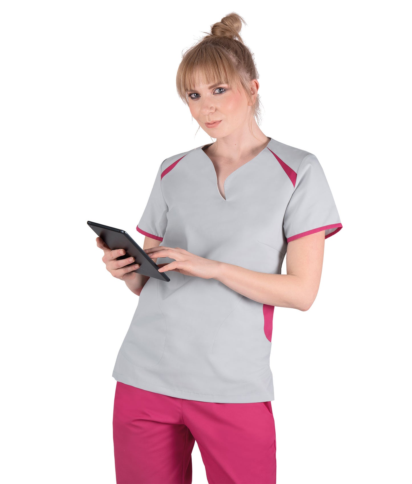 Γυναικεία Μπλούζα Scrub ανοιχτό γκρί με φούξια λεπτομέρειες   της Medical Bodyguard  CODE: 522/5