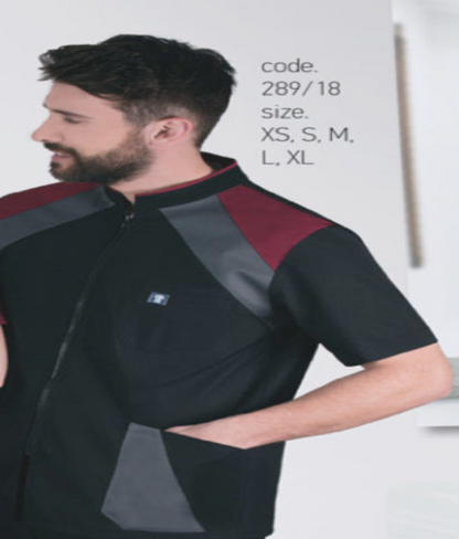 Unisex Ζακέτα - Μπλούζα κοντό μανίκι , μαύρο με μπορνώ και σκούρο γκρί λεπτομέρειες , φερμουάρ , 3 τσέπες  της Medical Bodyguard code: 289/18