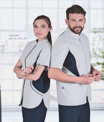 Γυναικεία Ζακέτα - Μπλούζα ,κοντό μανίκι , ανοιχτό γκρί με Blue Navy λεπτομέρειες  , φερμουάρ , 3 τσέπες  της Medical Bodyguard code:  268/5